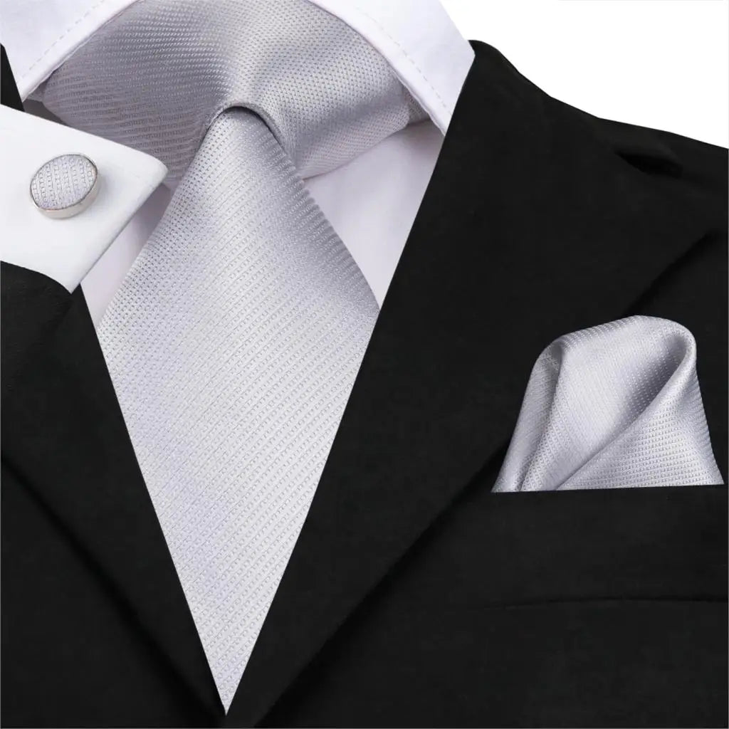 Hi-Tie Luxury Silver Men’s Necktie Set with Pocket Square & Cufflinks | Wedding, Business & Formal Events