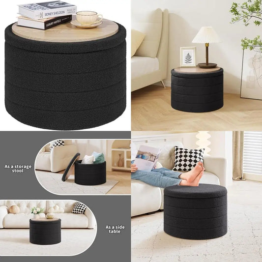 Round Storage Ottoman with Foldable Sherpa Cover, Multi-Purpose Footstool and Coffee Table for Living Spaces, Bedrooms, and Dorm