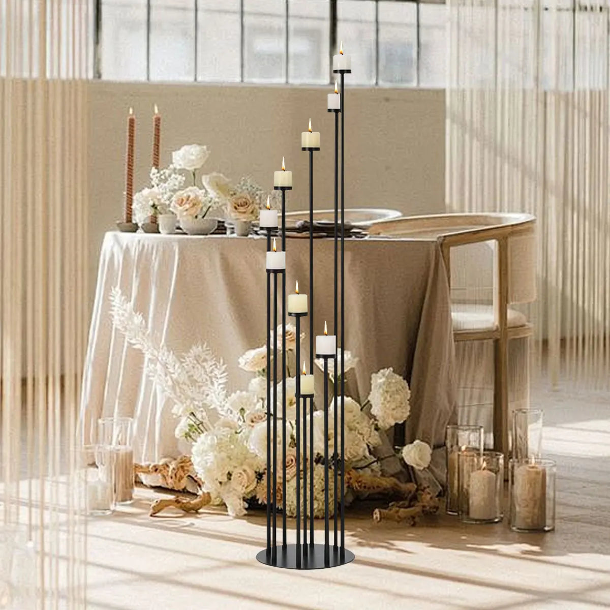 10-Piece Black Tall Floor Candle Holder Set. Elegant Metal Candelabra Stands for Weddings, Parties & Home Décor