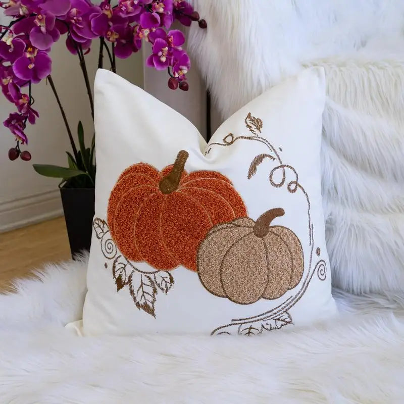 Autumn Harvest Pumpkin Embroidered Throw Pillow Cozy Farmhouse Fall Accent Cushion