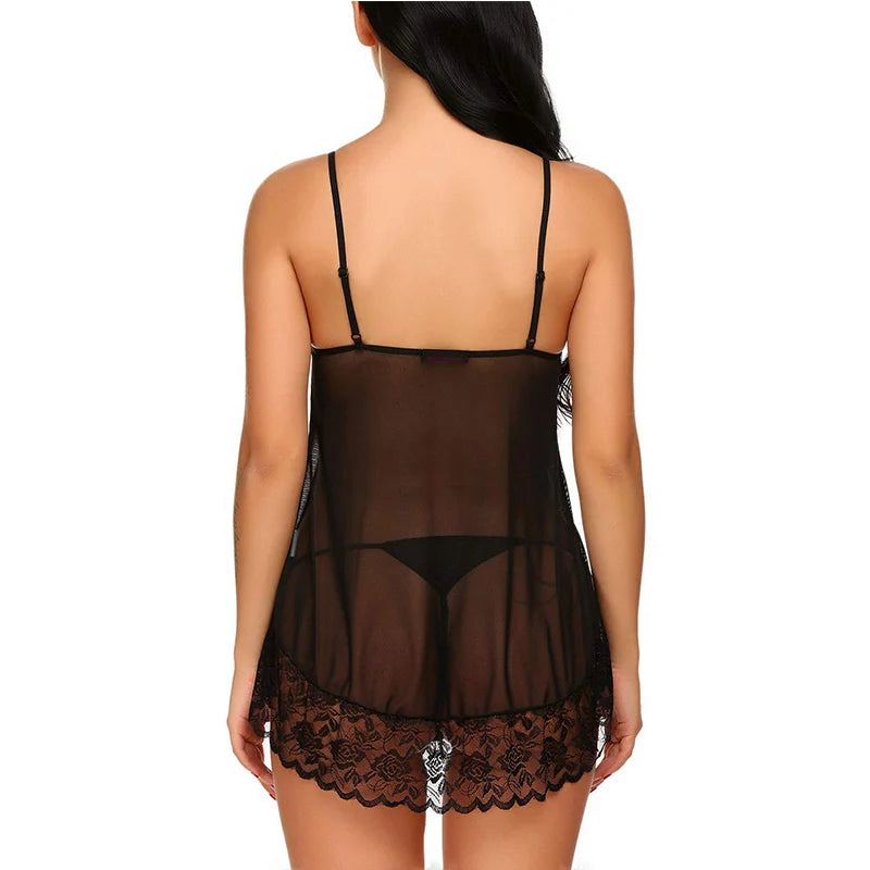 Women's Lace Babydoll Lingerie Set. Sheer Nightgown & Matching Panties