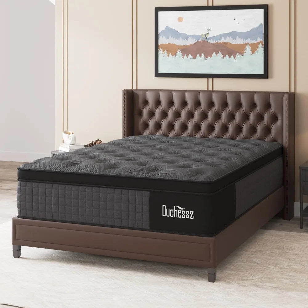 Queen Mattress, 14 Inch Hybrid Mattresses Black with Gel Memory Foam and Individually Pocket Innerspring Euro Top Medium Firm fo