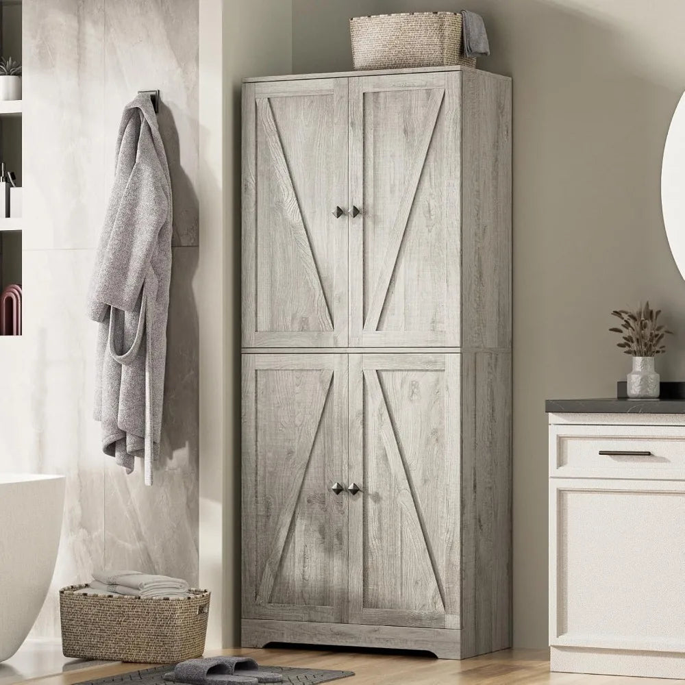 "Set of 2 Tall Farmhouse-Style Kitchen Pantry Cabinets with 4 Barn Doors and Adjustable Shelves, 72" Freestanding Storage"