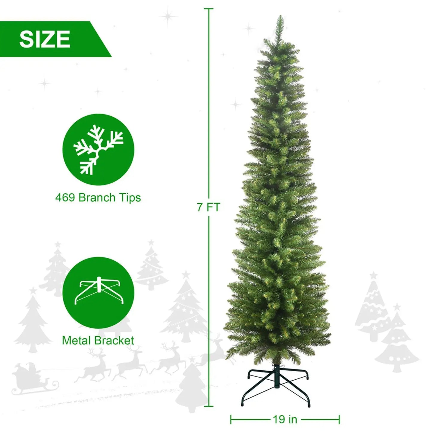 7FT Green Pencil Christmas Tree .Slim Space-Saving Artificial Holiday Tree with 469 Tips