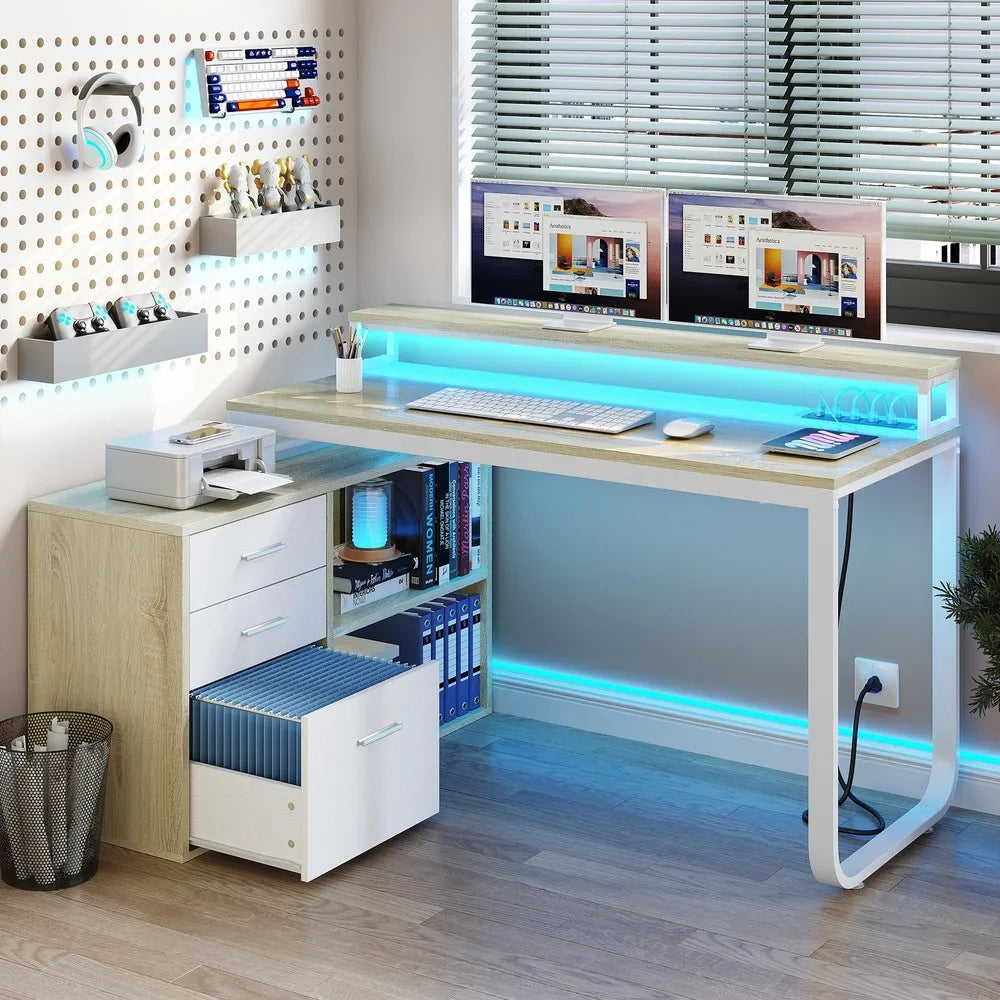 L-Shaped Gaming Computer Desk Home Office Desk File Drawers