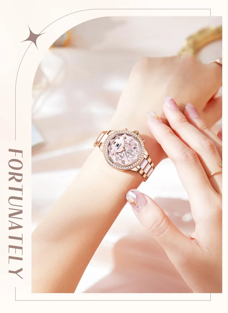 OLEVS Luxury Women’s Waterproof Chronograph Watch. Rose Gold Crystal Fashion Timepiece