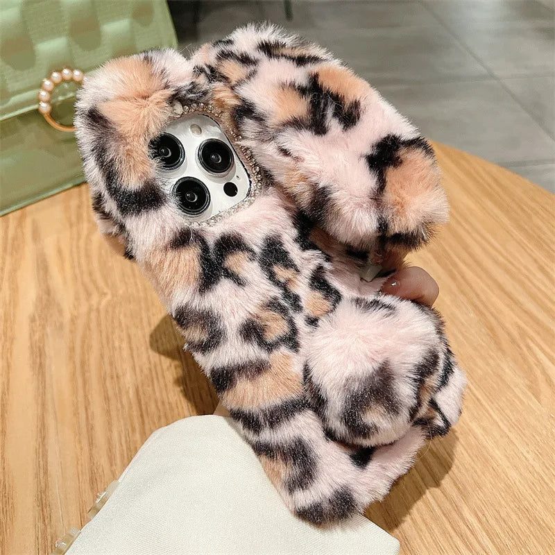 Cute Plush Bunny Leopard Print iPhone Case . Soft Furry Protective Cover, Cozy Cartoon Style