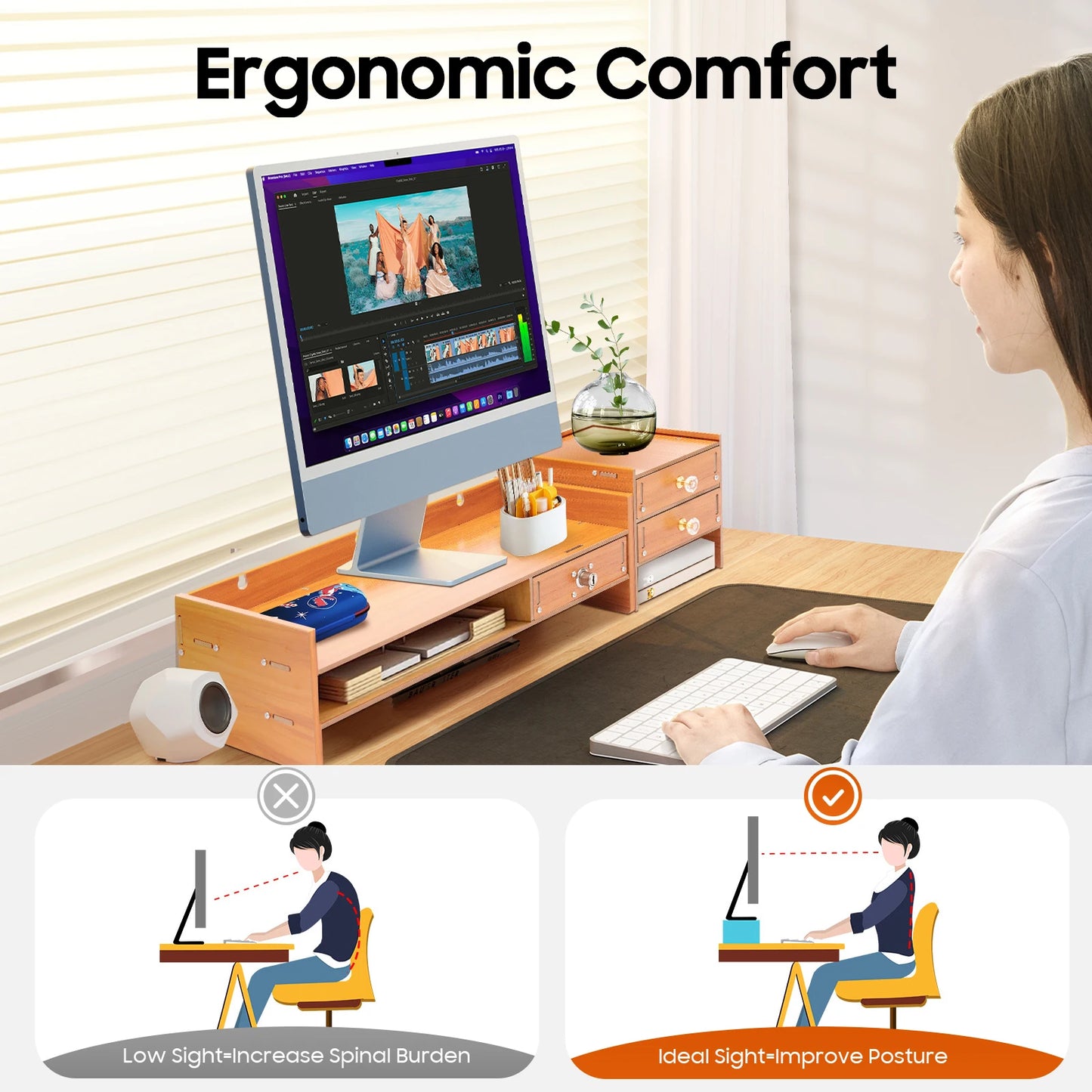 Computer Monitor Stand with Storage Drawers, Wooden Desktop Monitor Riser & Laptop Stand Organizer for Home Office