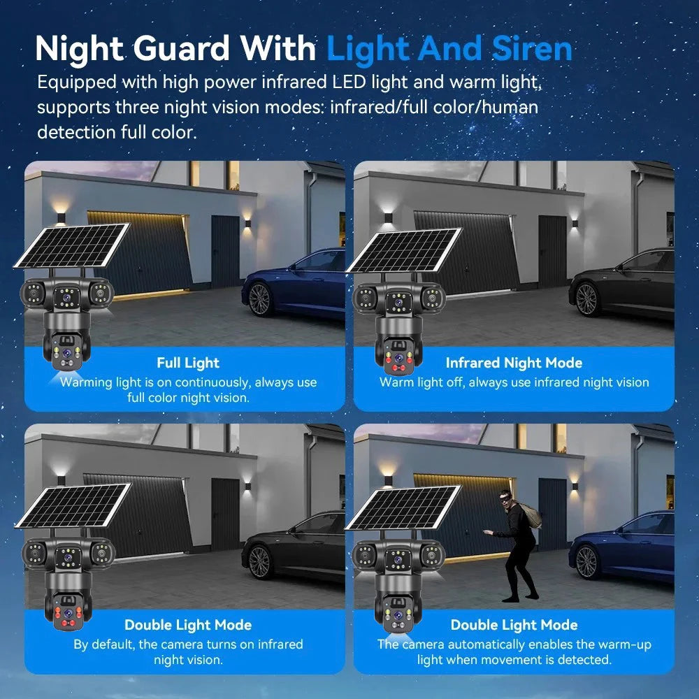 9MP Full HD Solar WiFi Camera 3 Screen 3 Lens 10X Zoom PIR Human Detect Camera Surveillance Night Vision Security Protection