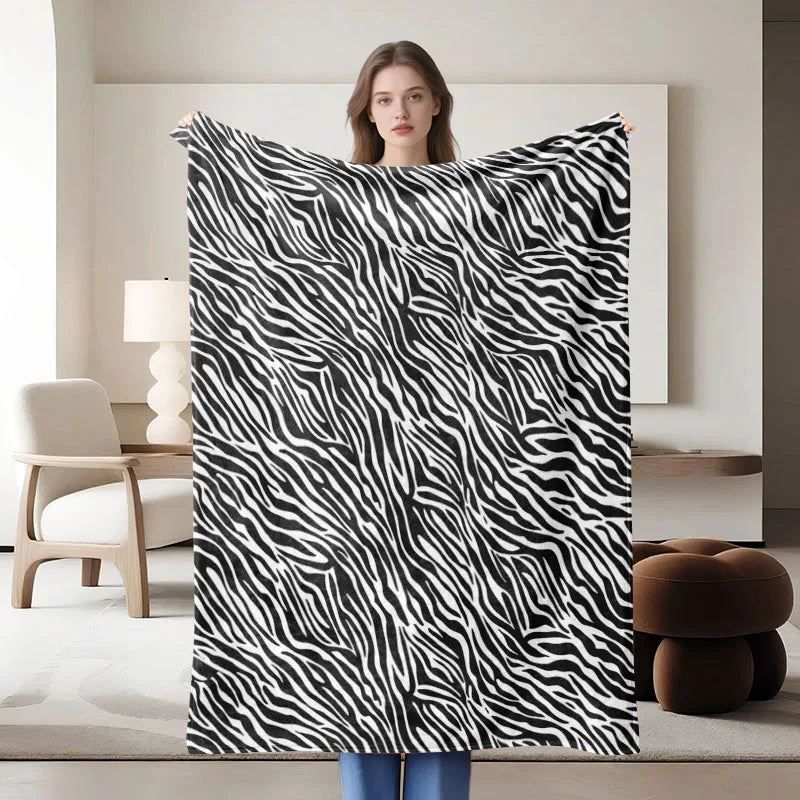 1 piece zebra print flannel blanket, black and white, soft, suitable for sofa, bed, office, all-season use.