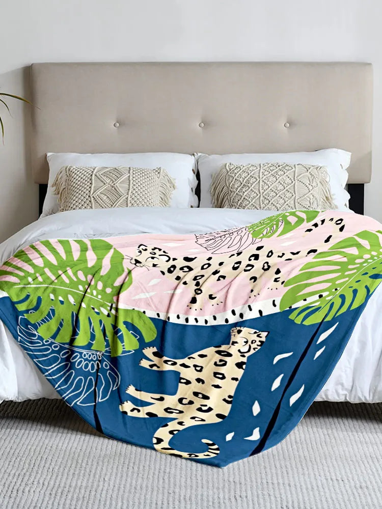 1 piece tropical leopard print flannel blanket, perfect for sofa, bed, office; ideal gift for family, friends, holidays.