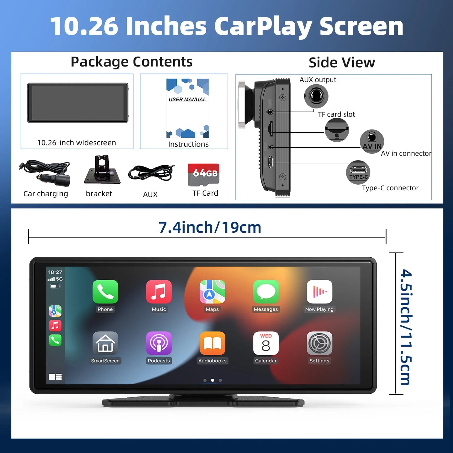 Portable Wireless CarPlay & Android Auto Car Stereo .10.26” HD Touchscreen Display with Bluetooth, GPS & Voice Control  Description: