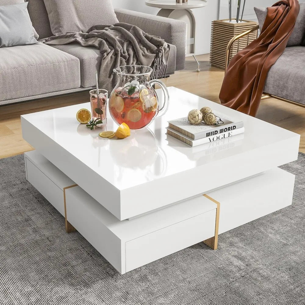 Modern Coffee Table with Storage, Contemporary Square Coffee Table with Drawers, High Gloss Modern Center Table for Living Room,