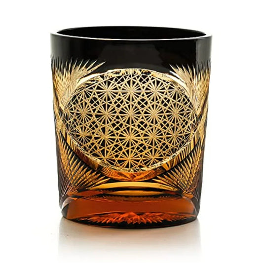 Old Fashioned Glass Japanese Style 8OZ Amber Black Rocks Glasses Engraved Tumbler Drinkware Glasses for Whiskey Vodka with Gift