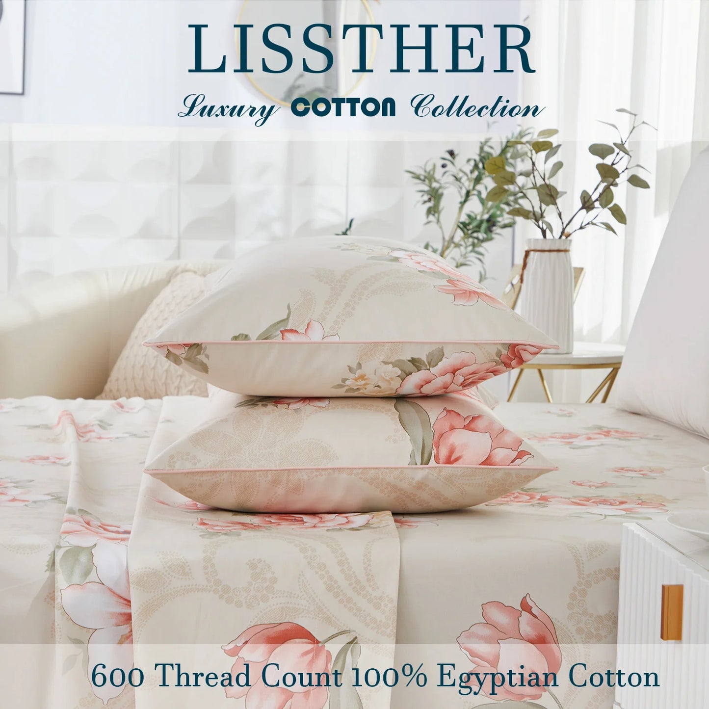 3pcs 600TC 100% Egyptian Cotton Duvet Cover Set, Pink Blooming Rose Pattern, Soft Skin-Friendly (No Inserts)