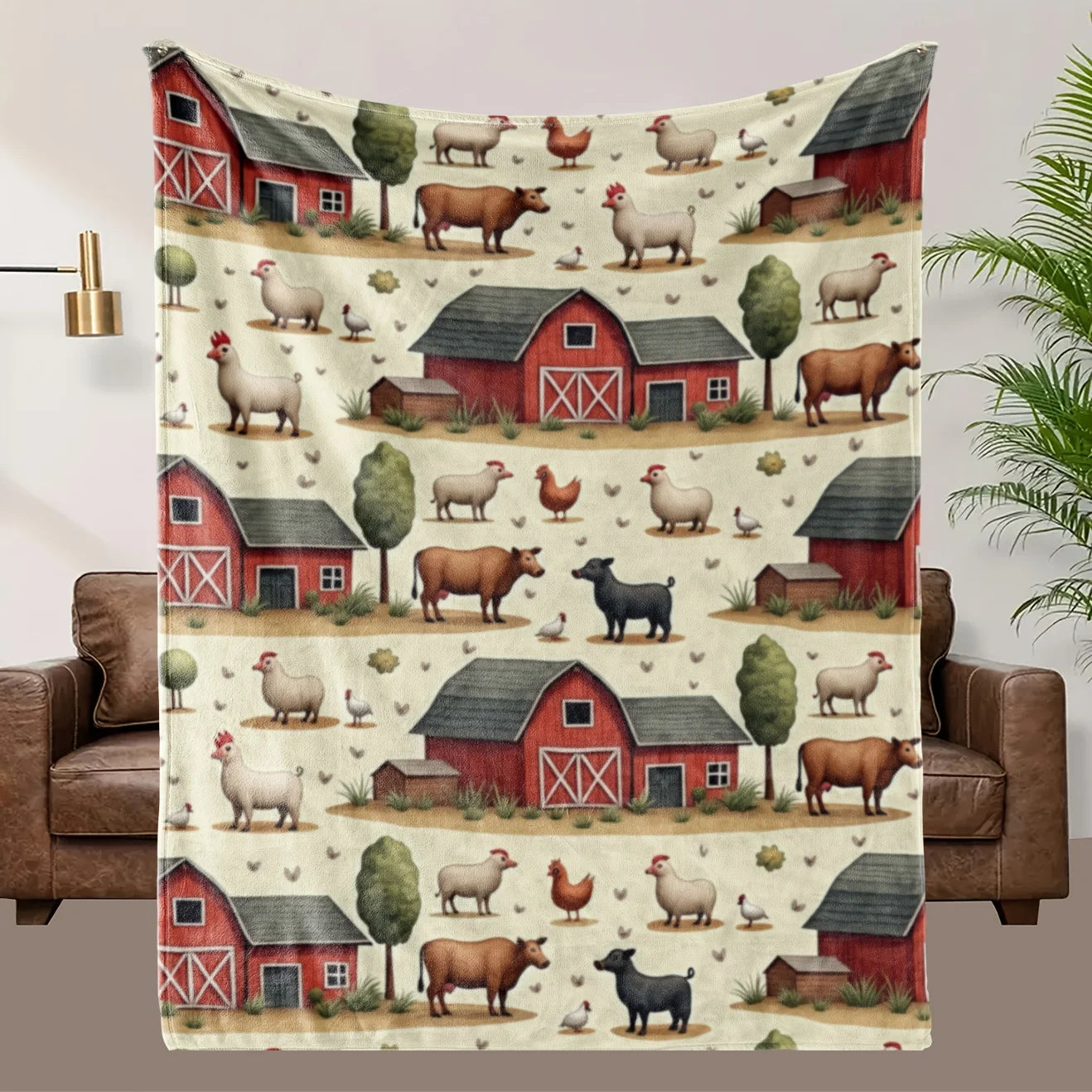 Farmhouse Country Animal Throw Blanket. Cozy Rustic Barn Print Flannel Blanket