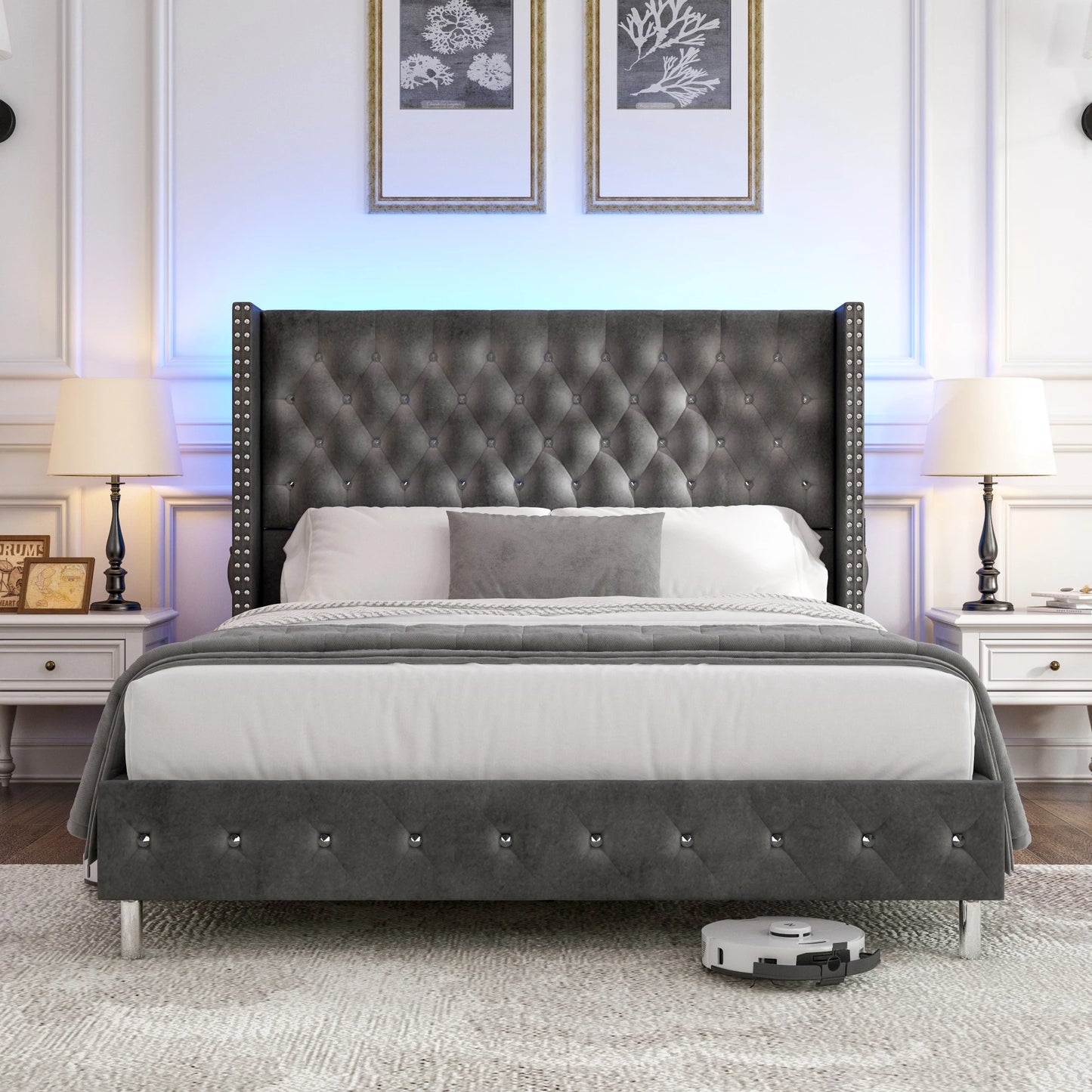 Bed Frame Queen Size with Wingback Headboard & LED Lights & Charging Station Modern Upholstered Platform with Diamond Button Tuf