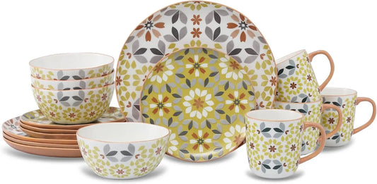 16-Piece Bone China Floral Dinnerware Set, Yellow and Gray Pattern, Includes 10.75" Dinner Plates, 7.75" Salad Plates, 6" Bowls,