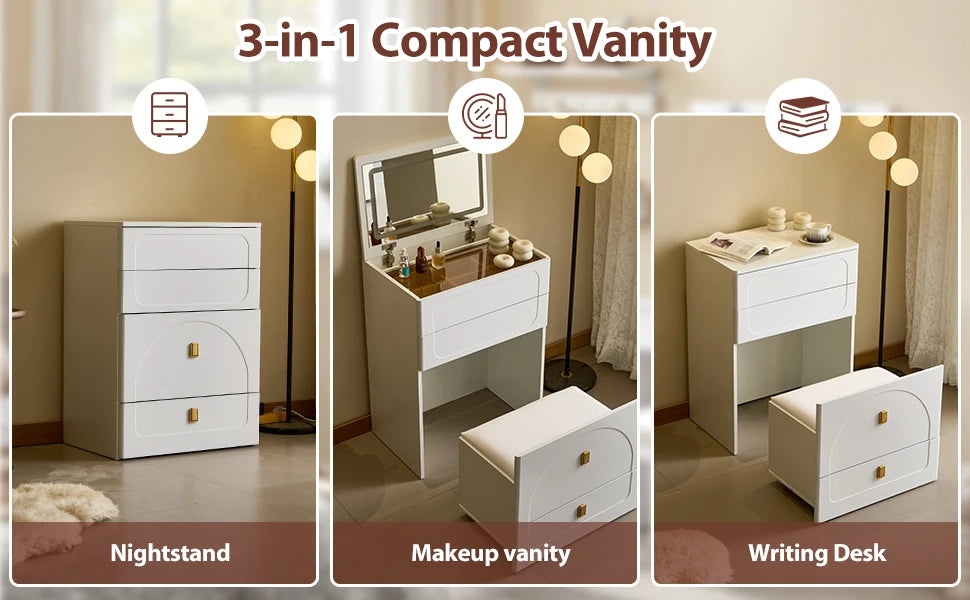 3-in-1 Dresser with Flip-Up Mirror and Light, Small Dresser Set with Visible Glass Tabletop, 3 Drawers, Storage Bench, 3-Color I