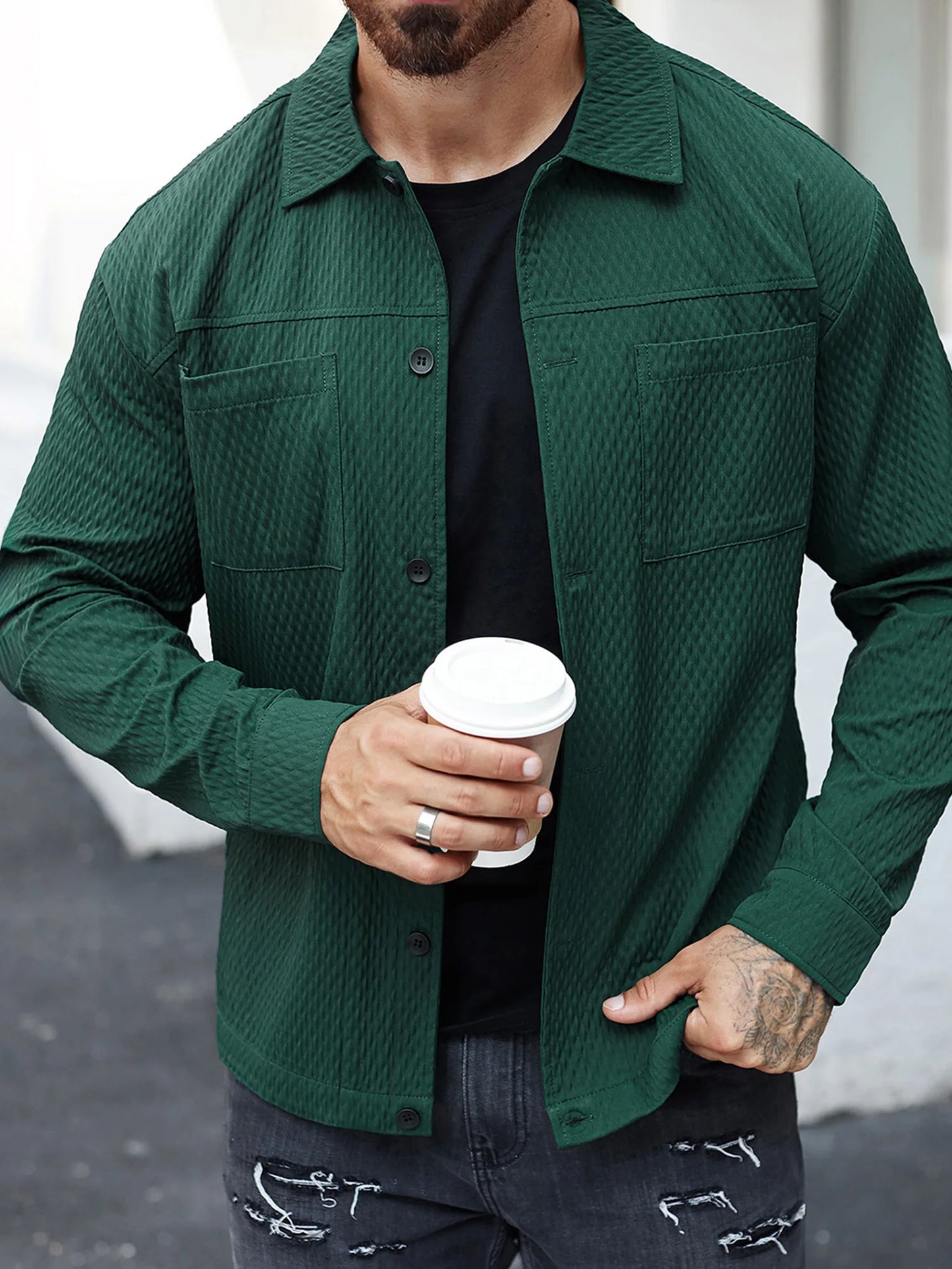 Men s Casual Shirt Jacket Regular Fit Solid Color Long Sleeve Button-up Tops Spring Fall Streetwear Fashion Outwear Coat