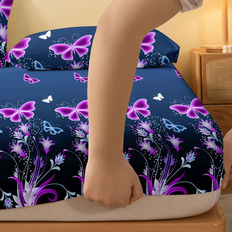 Butterfly Floral Fitted Sheet .Soft Stretch Mattress Cover