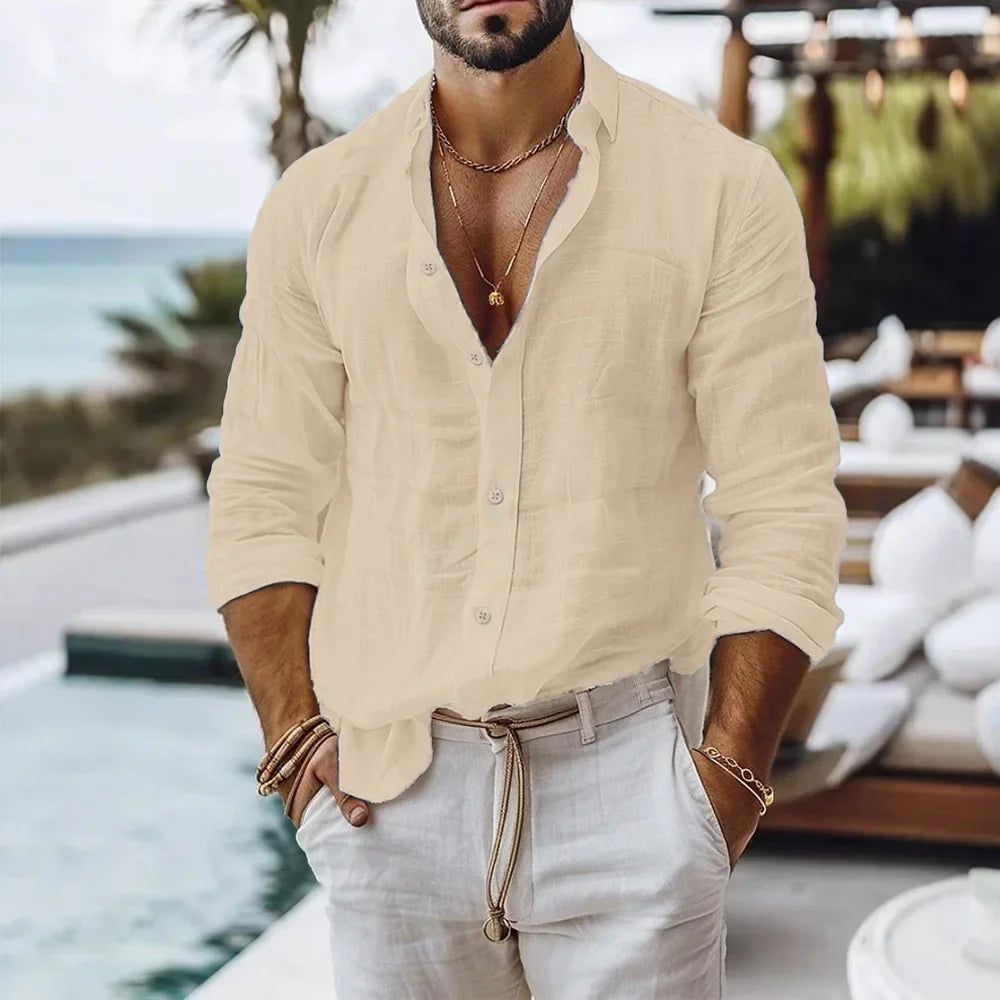 Men’s Summer Cotton Linen Beach Shirt .Casual Relaxed Fit Button Up