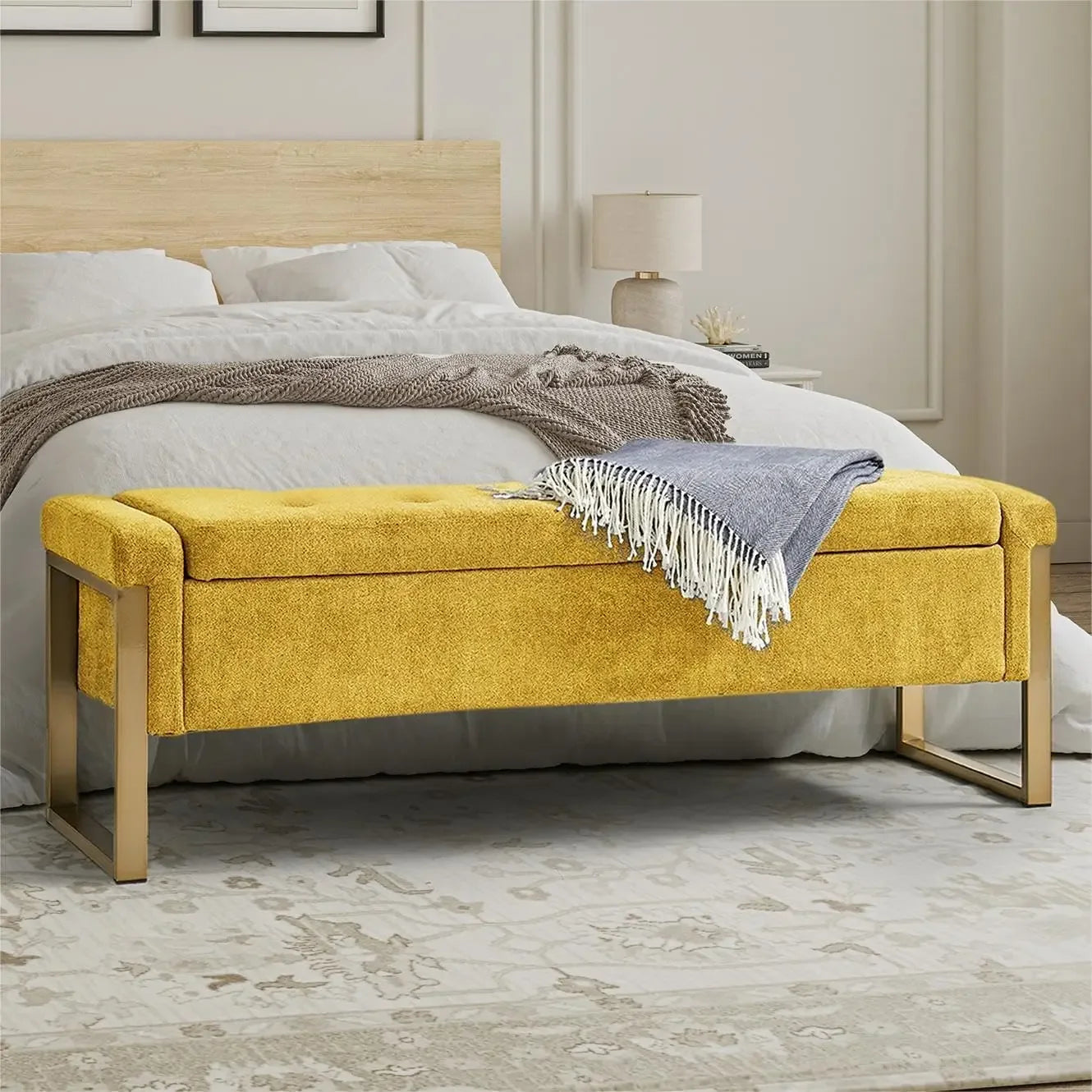 Modern Storage Ottoman Bedroom Bench, End of Bed Bench with Gold Metal Legs, Upholstered Footrest Stool for Living, Dining Room