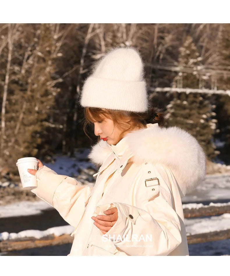 Warm Cashmere Wool Skullies Beanie For Women Rabbit Fur