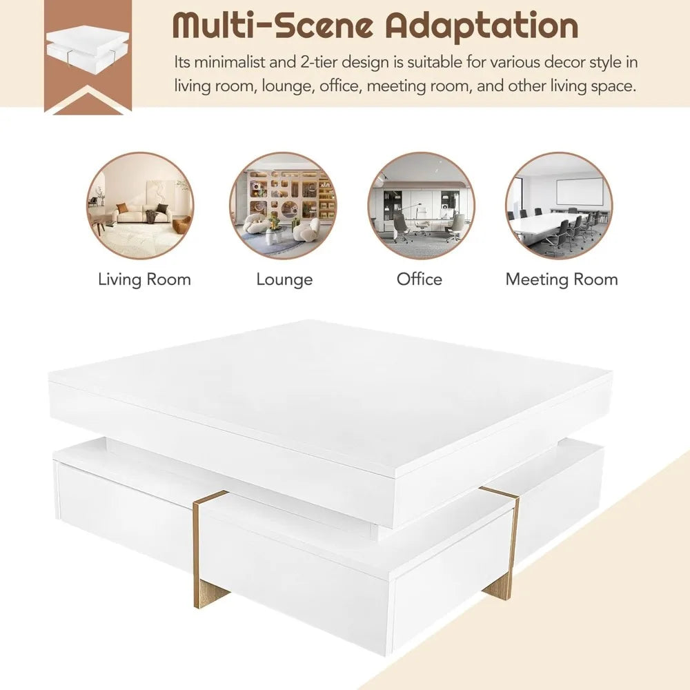 Modern Coffee Table with Storage, Contemporary Square Coffee Table with Drawers, High Gloss Modern Center Table for Living Room,