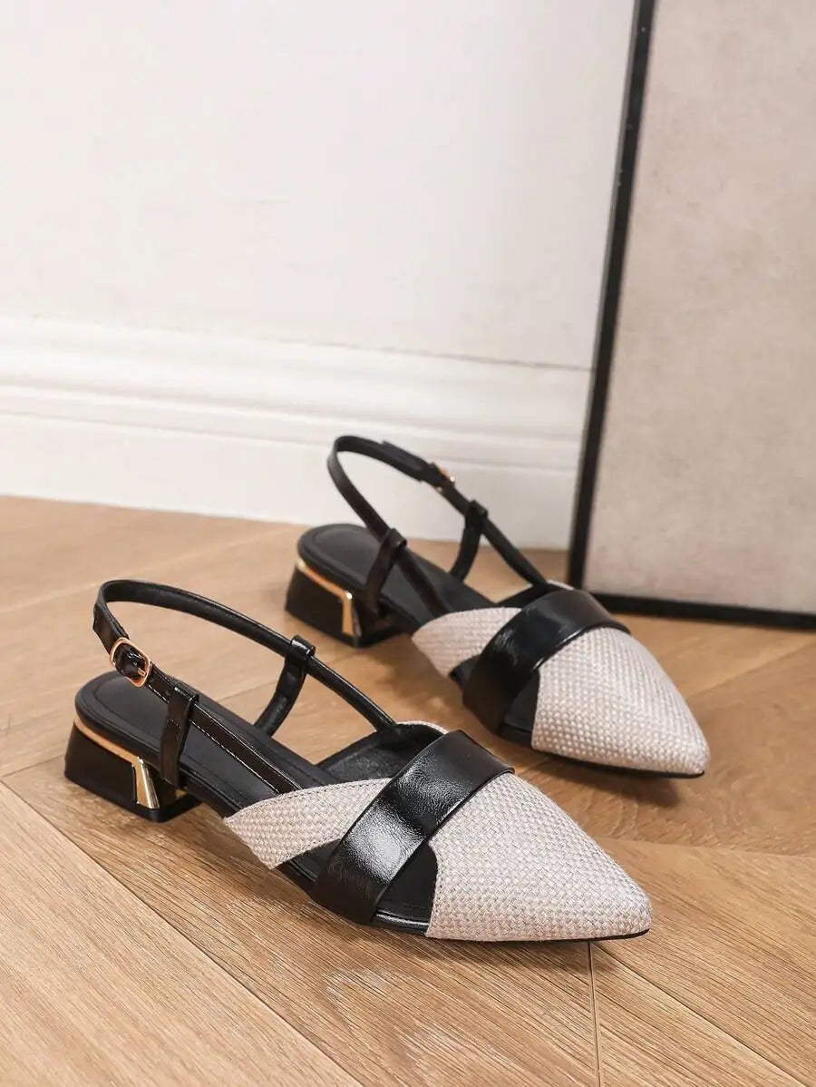 2025 Autumn Women's Pointed Toe Metal Heeled Stylish Slip-On Mule Shoes Backless Loafer Slip-On Flats