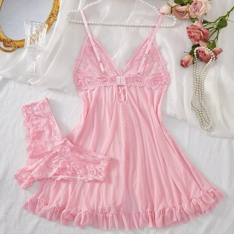 Women's Floral Lace Baby doll Lingerie Set. Sheer Nightdress with Matching Panties