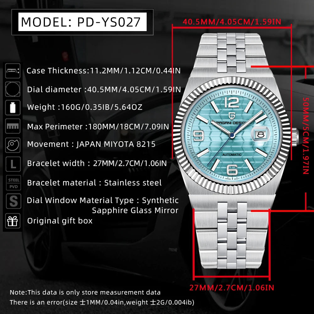 PAGANI DESIGN Men’s Automatic Luxury Watch,  Sapphire Crystal Stainless Steel Waterproof Mechanical Wristwatch with 3D Rhombus Dial