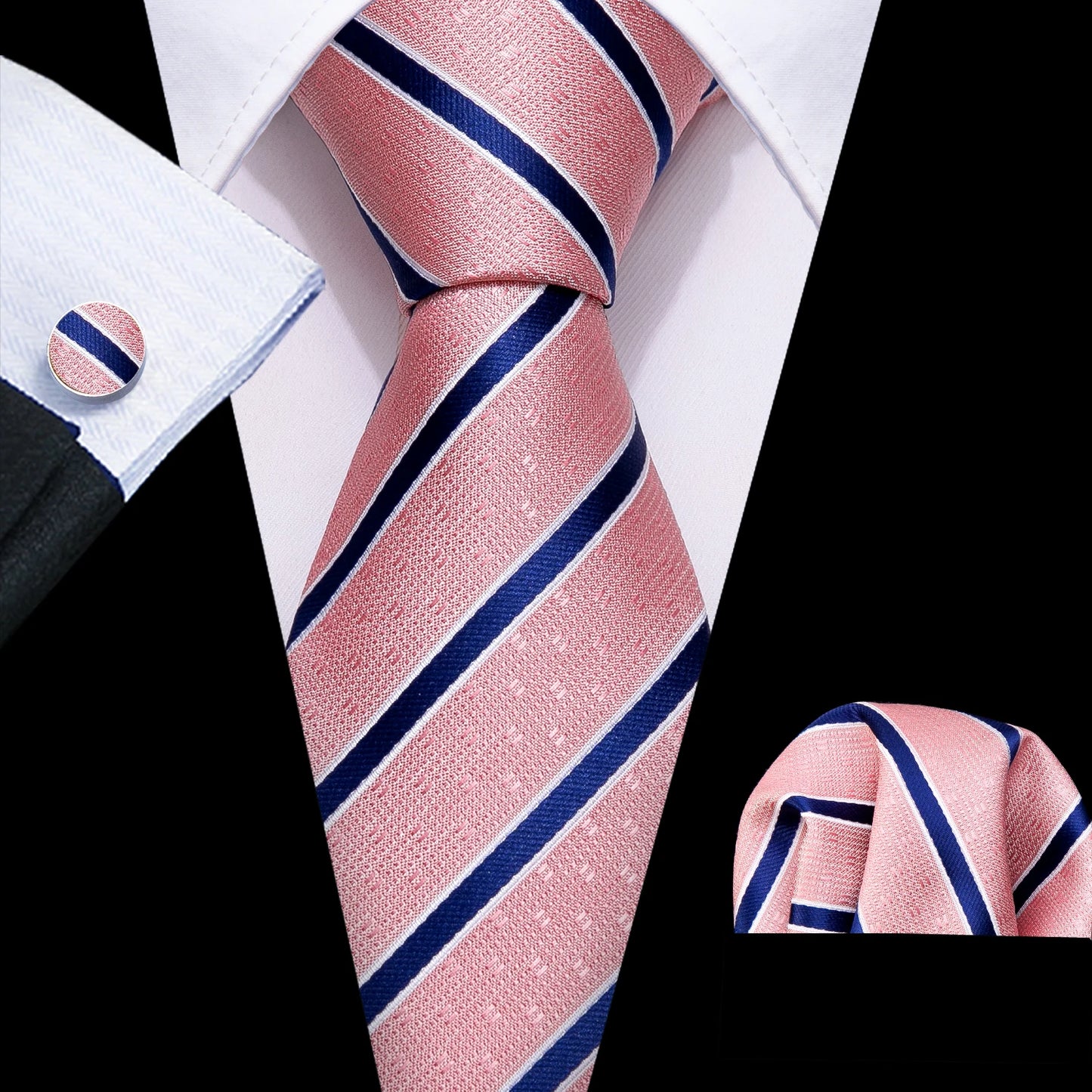 Men’s Luxury Red Striped Necktie Set. Silk Tie, Pocket Square & Cufflinks for Business, Wedding & Formal Wear