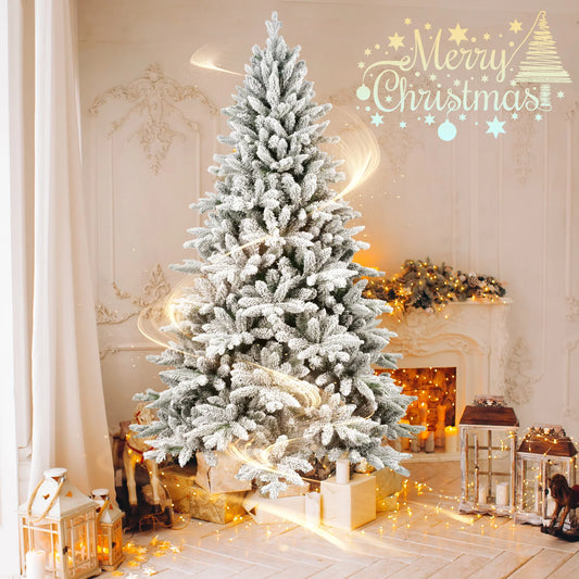 Makeatree Snow Flocked 5FT 6FT 7FT Christmas Tree, Artificial Xmas Trees PE/PVC Mixed Flocked Tree