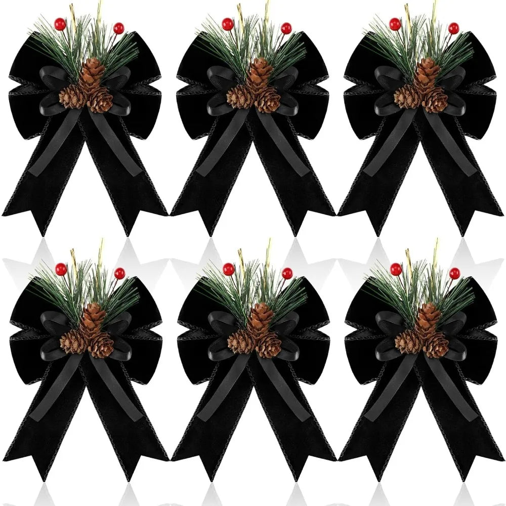 6 Pcs Christmas Bows with Pine Cones Pine Needles Black Xmas Velvet Bows Elegant Ribbon Christmas Tree Wreath Decoration for Xm