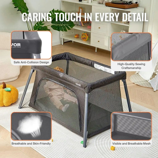 Baby Travel Crib Folding Playpen with Zipper Gate for Toddler