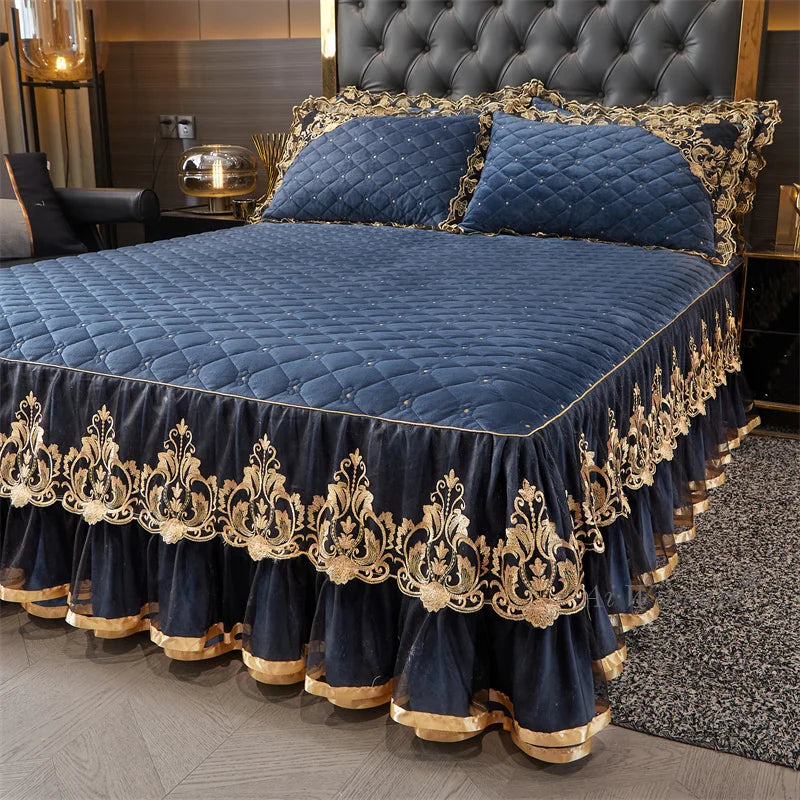 AIWINSURE-European Lace Velvet Bedspread Set, King Size, Queen Thickened Bed Cover, Soft Bed Skirt, Luxury, with 2 Pillowcases
