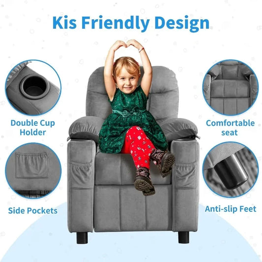 Toddlers Kids Recliner Chair Ergonomic Adjustable  Chair Footrest & Side Pockets Baby Sofa for Boys and Girls Bedroom (Gray)