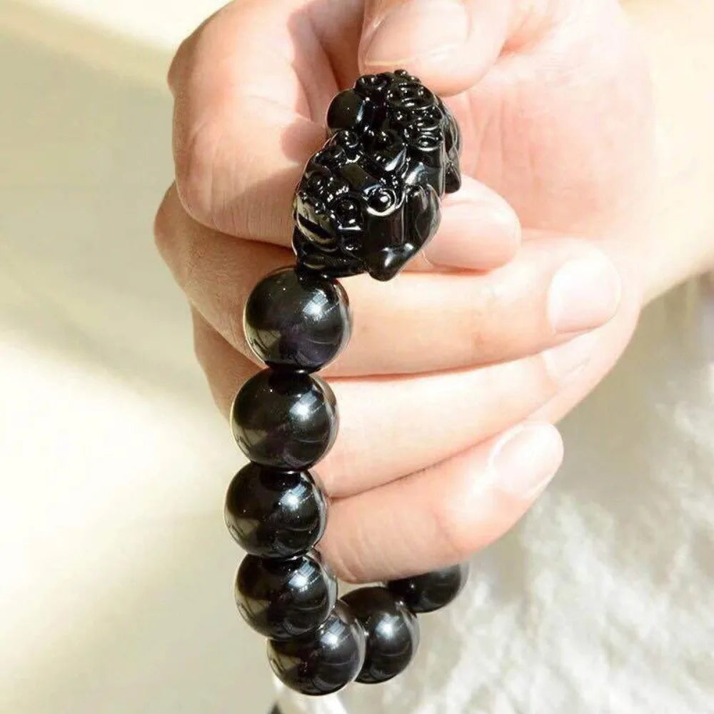 Black Obsidian Style Pixiu Beaded Bracelet