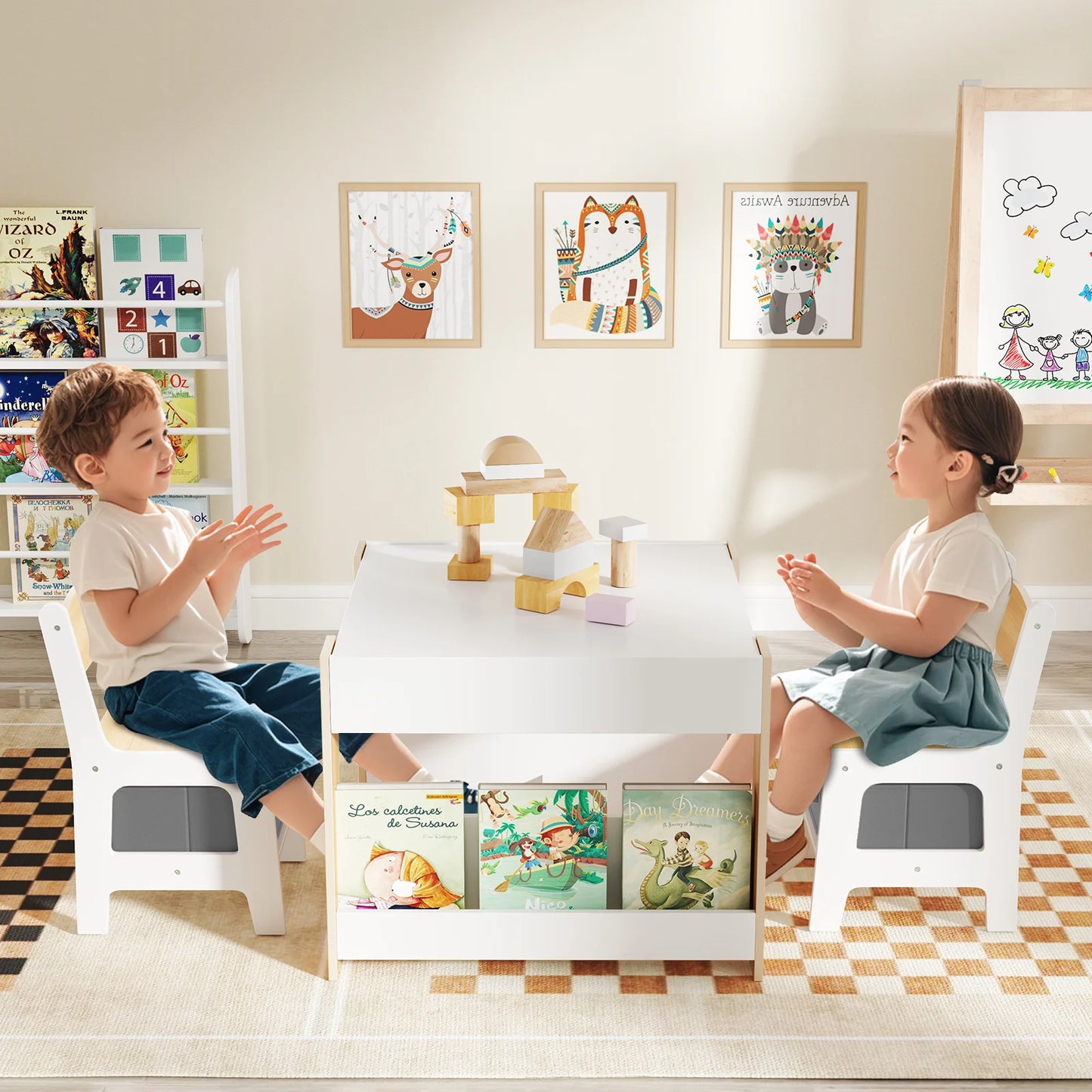 4-in-1 Kids Activity Table & Chair Set with Bookshelves and Storage Bins