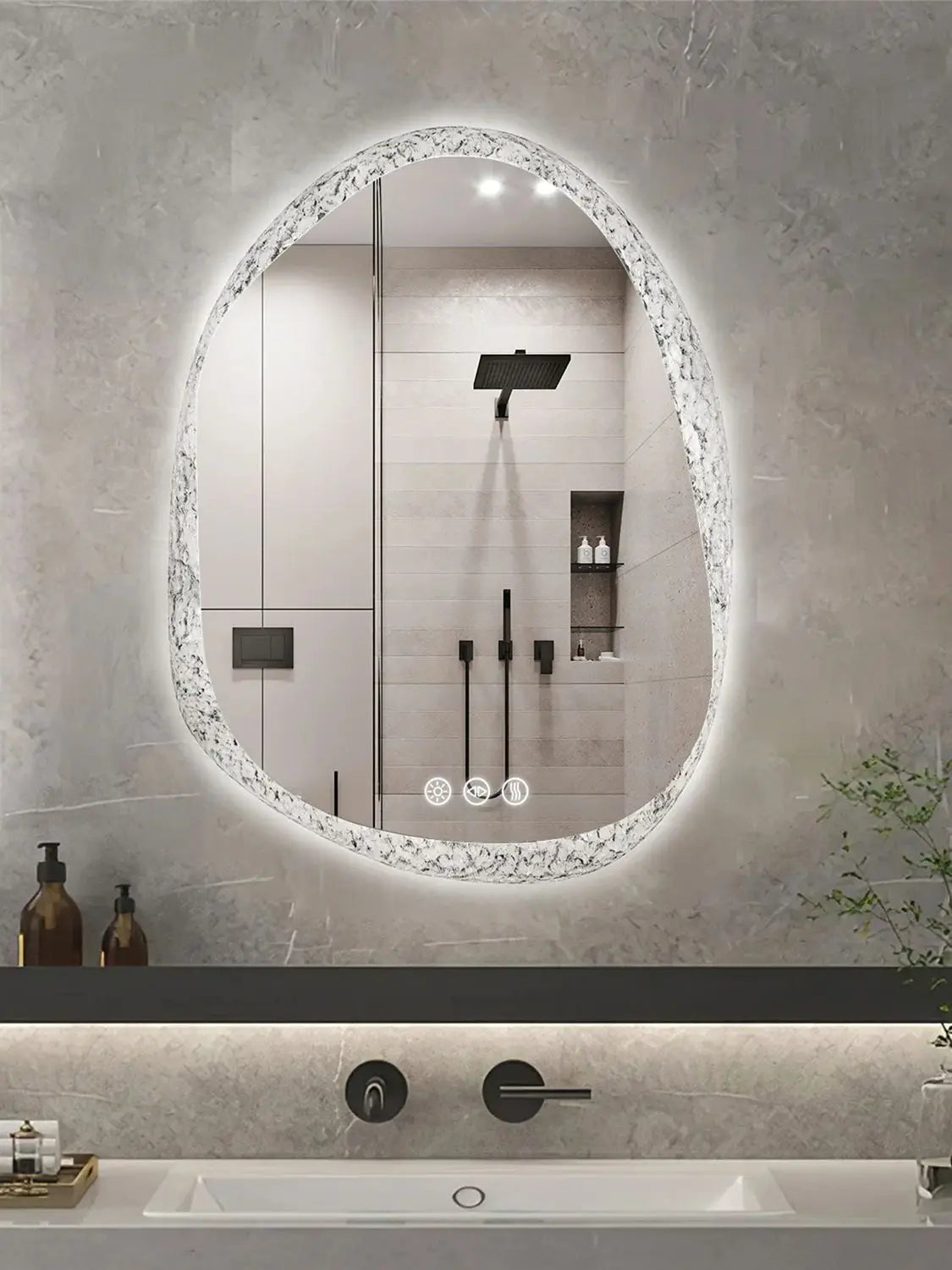 Modern Irregular LED Bathroom Mirror with Lights, Asymmetrical Frameless Smart Lighted Wall Mirror for Living Room Entryway