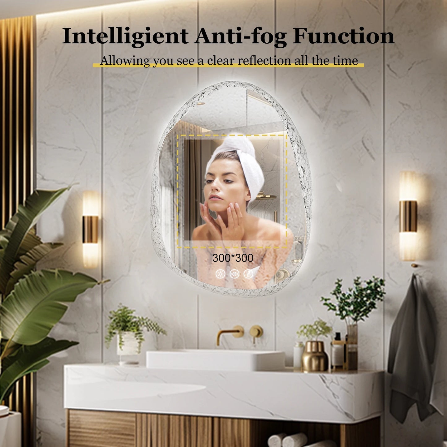 Modern Irregular LED Bathroom Mirror with Lights, Asymmetrical Frameless Smart Lighted Wall Mirror for Living Room Entryway