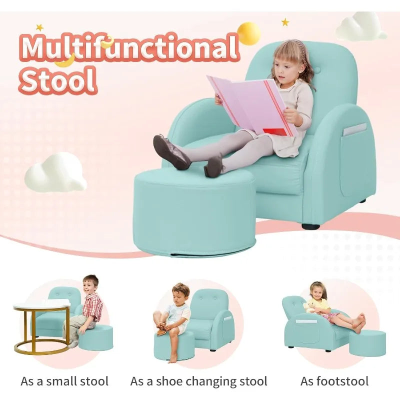 Kids Couch, Toddler Chair with Ottoman, Toddler Couch with 5 Adjustable Backrests, Leatherette Sofa Chair is Waterproof