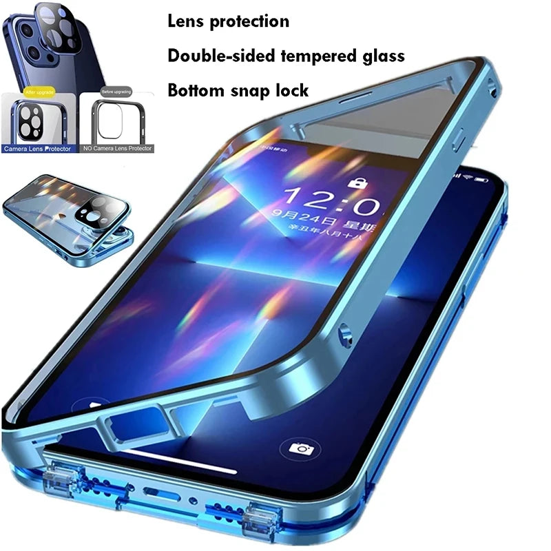 360 Full Protection Metal Magnetic Double Sided Glass Snap Lock Phone Case Shockproof Cover