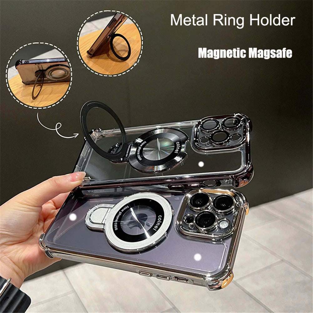 Magnetic Ring Holder Phone Case.  Shockproof Clear Cover with MagSafe Stand Grip