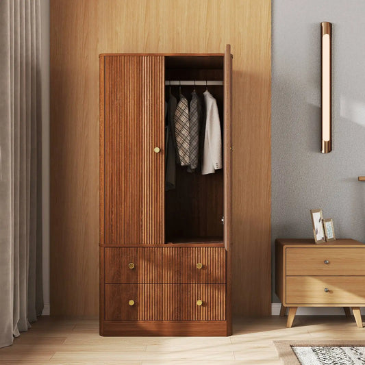 Clothing Wardrobe 2 Doors 2 Drawers Elegant Wooden Freestanding Storage Cabinet for Bedroom Living Room Office Walnut