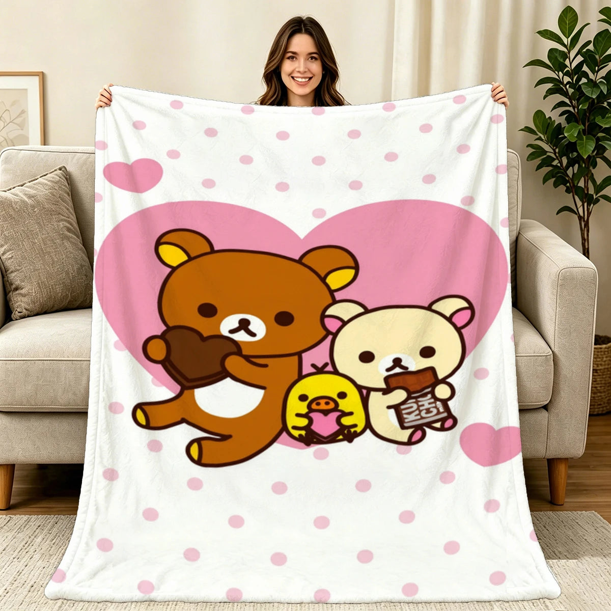 Rilakkuma Throw Blanket 1PC Cute Pink Heart Polka Dot Print Kawaii Cartoon Soft Flannel for Valentine's Day Home Decor