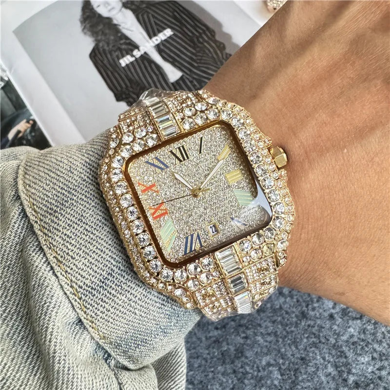 Luxury Iced-Out Square Men’s Watch. Diamond Style Fashion Timepiece