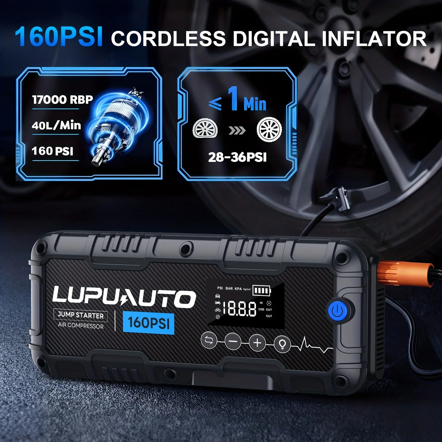 7000A Portable Car Jump Starter with Air Compressor | Battery Booster Pack | Digital Tire Inflator | Power Bank & LED Emergency Light