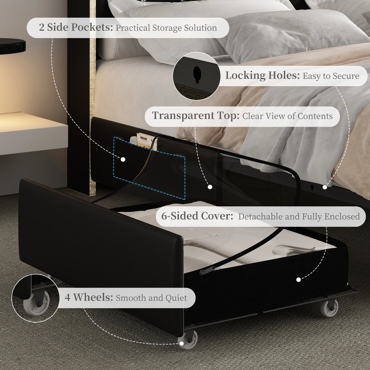 LED Bed Frame with Galaxy Star Projector, 2 Drawers, 52" PU Headboard with Charging Station, Noise Free, No Box Spring